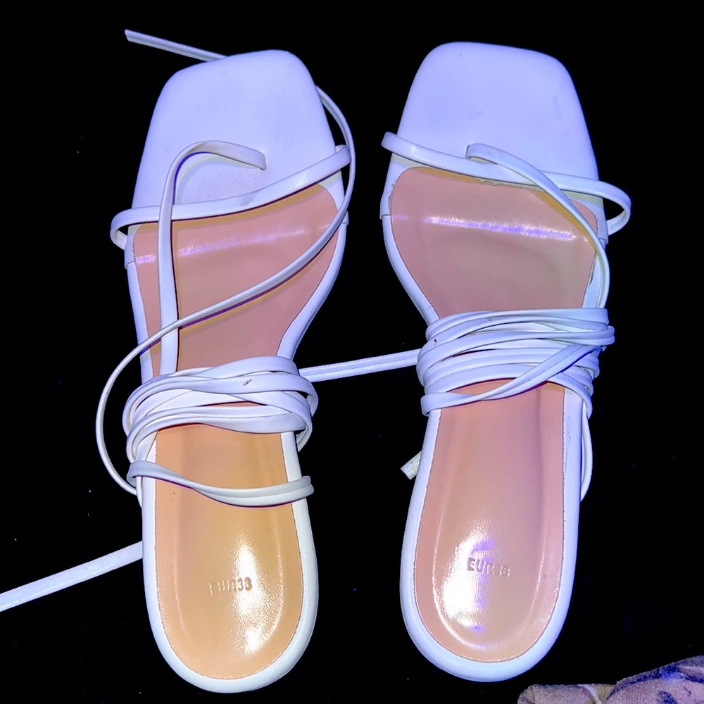 white sandal heels